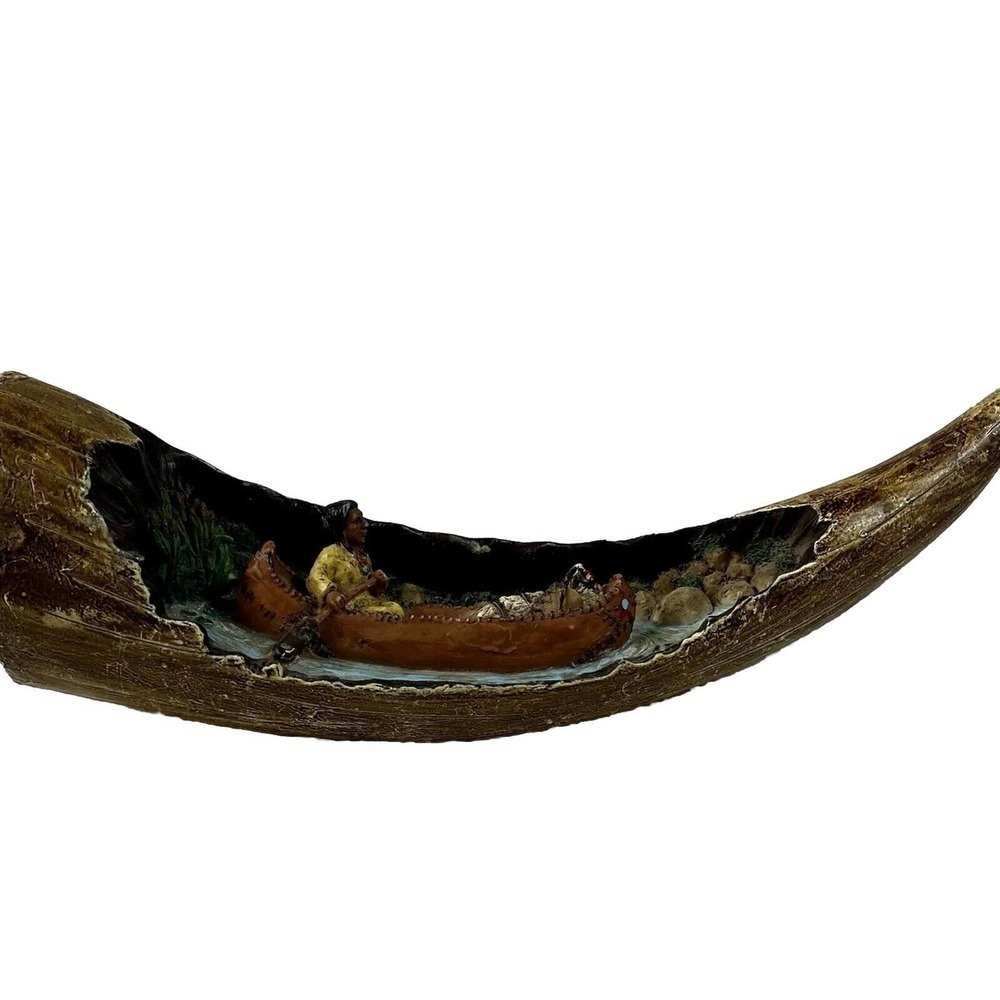 Native American Warrior Figurine Resin Horn 11" Carved